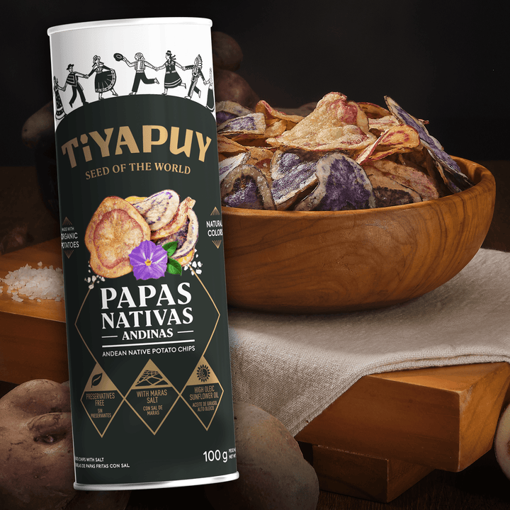 Tubo Papas Nativas Mixtas fritas con Sal de Maras 100 gr - Tiyapuy Foods - Sembrando una nueva historia.